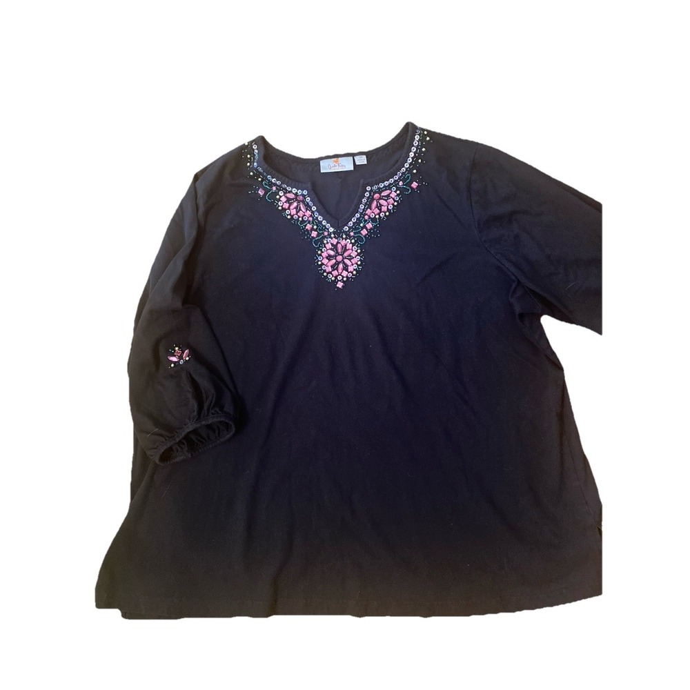 Quacker Factory Shirt‎ Sz 3XL  Black 3/4 Sleeve Beaded Jeweled V Neck Top